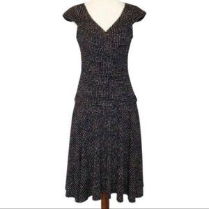Tahari Cap Sleeve Faux Wrap Ruched Black Small Dot Pattern Jersey Dress Size 4
